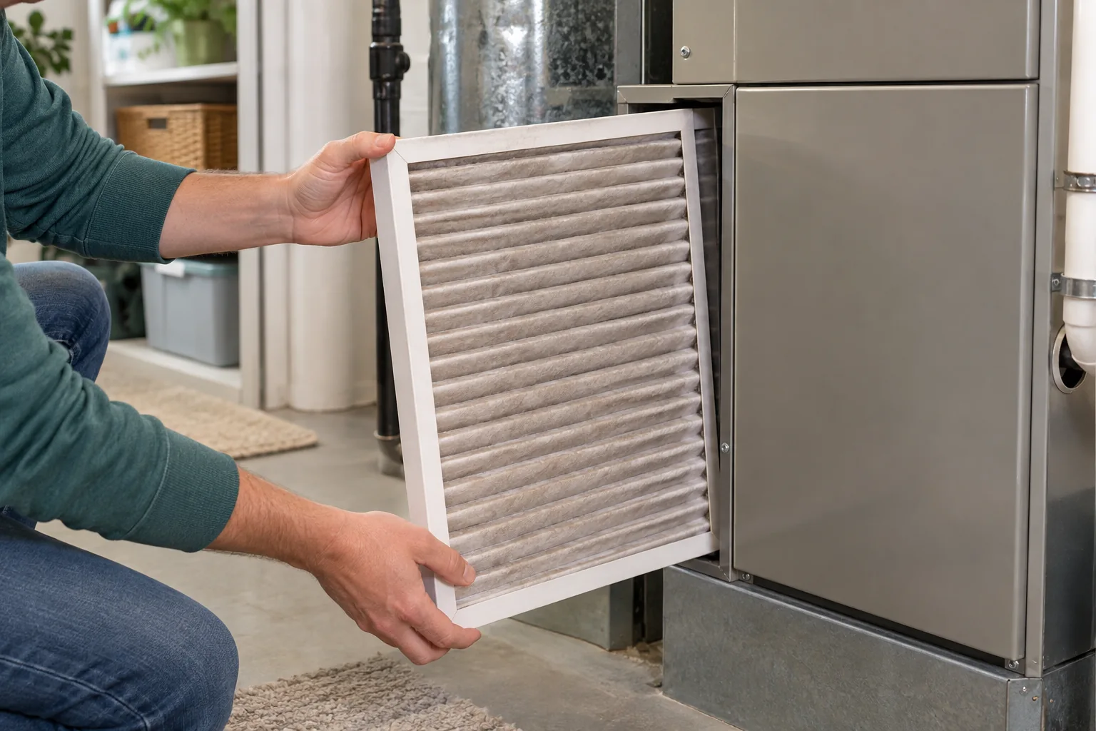 Illustration of a homeowner checking a pleated furnace air filter