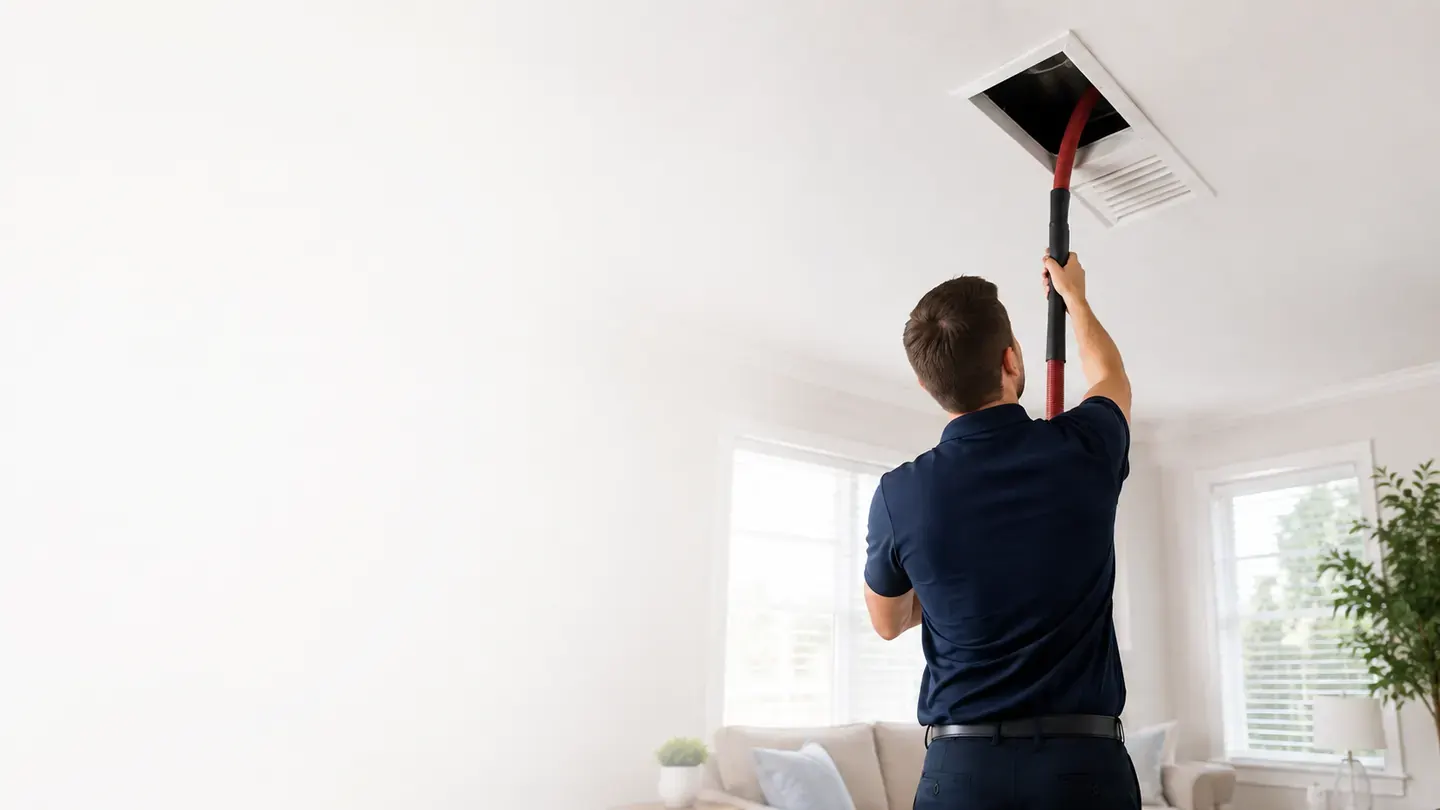 Technician cleaning a ceiling ventilation opening